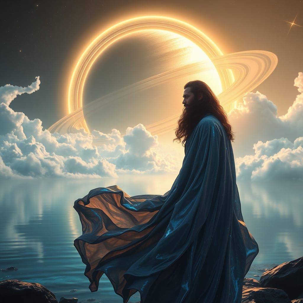 Aquarius Man in Dreamlike Celestial Landscape, Air Sign Rule...