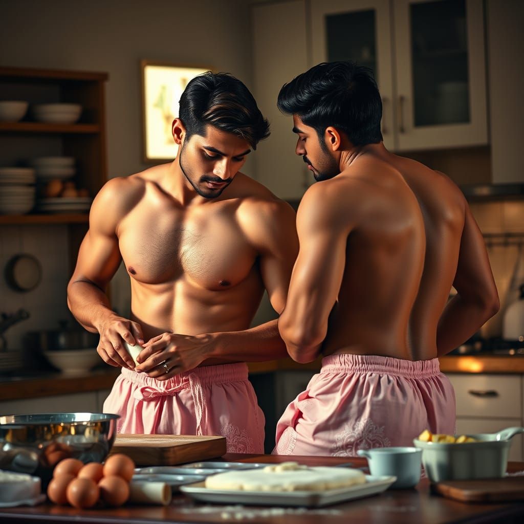Two Indian Men Cooking Breakfast, Romantic Golden Light