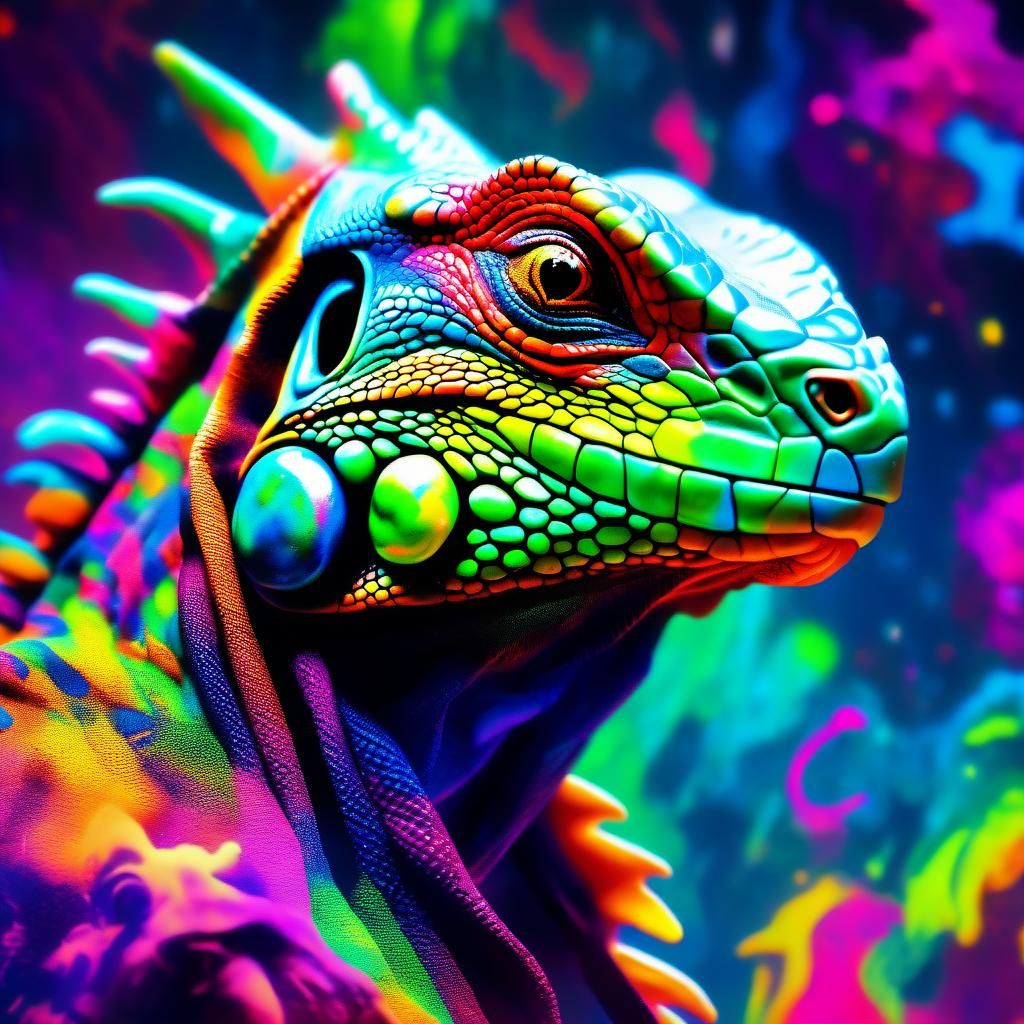 Psychedelic Iguana Portrait with Neon Slime