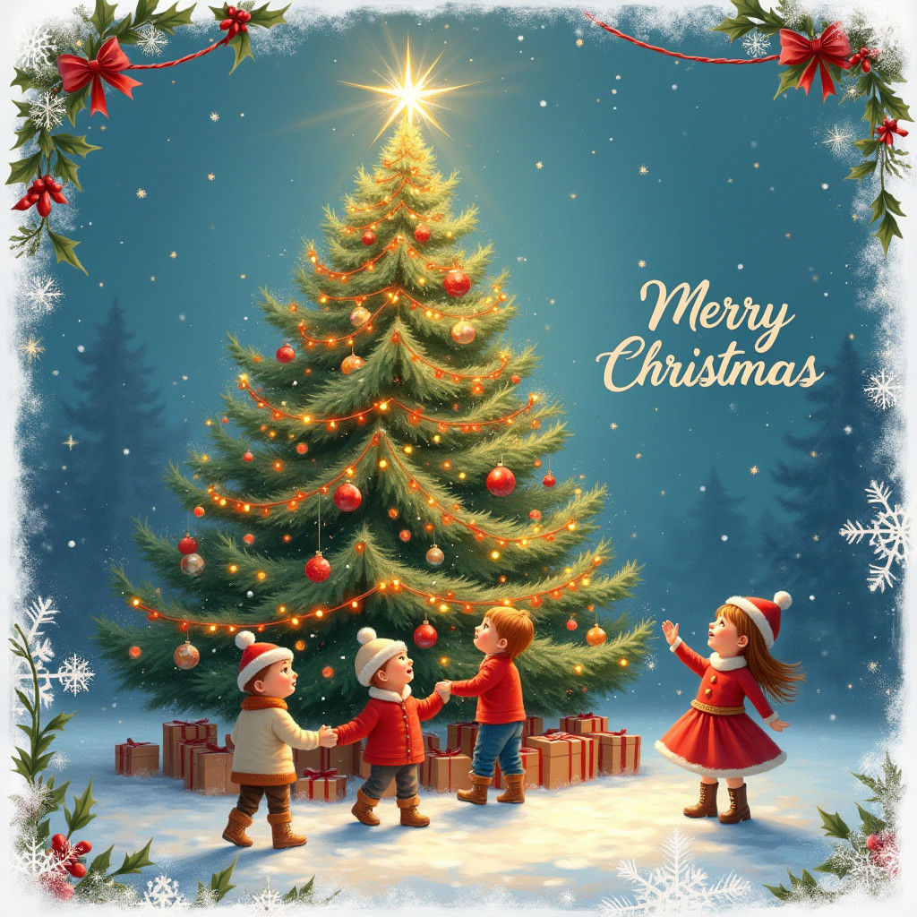 Christmas Tree Surrounded by Children, Oil Painting