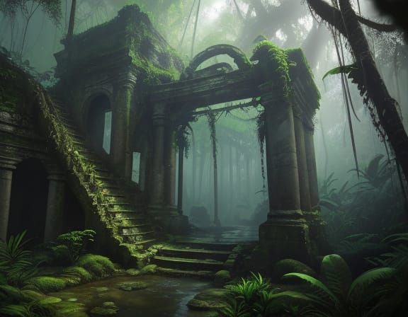 Mysterious Jungle Ruins with Winding Stream