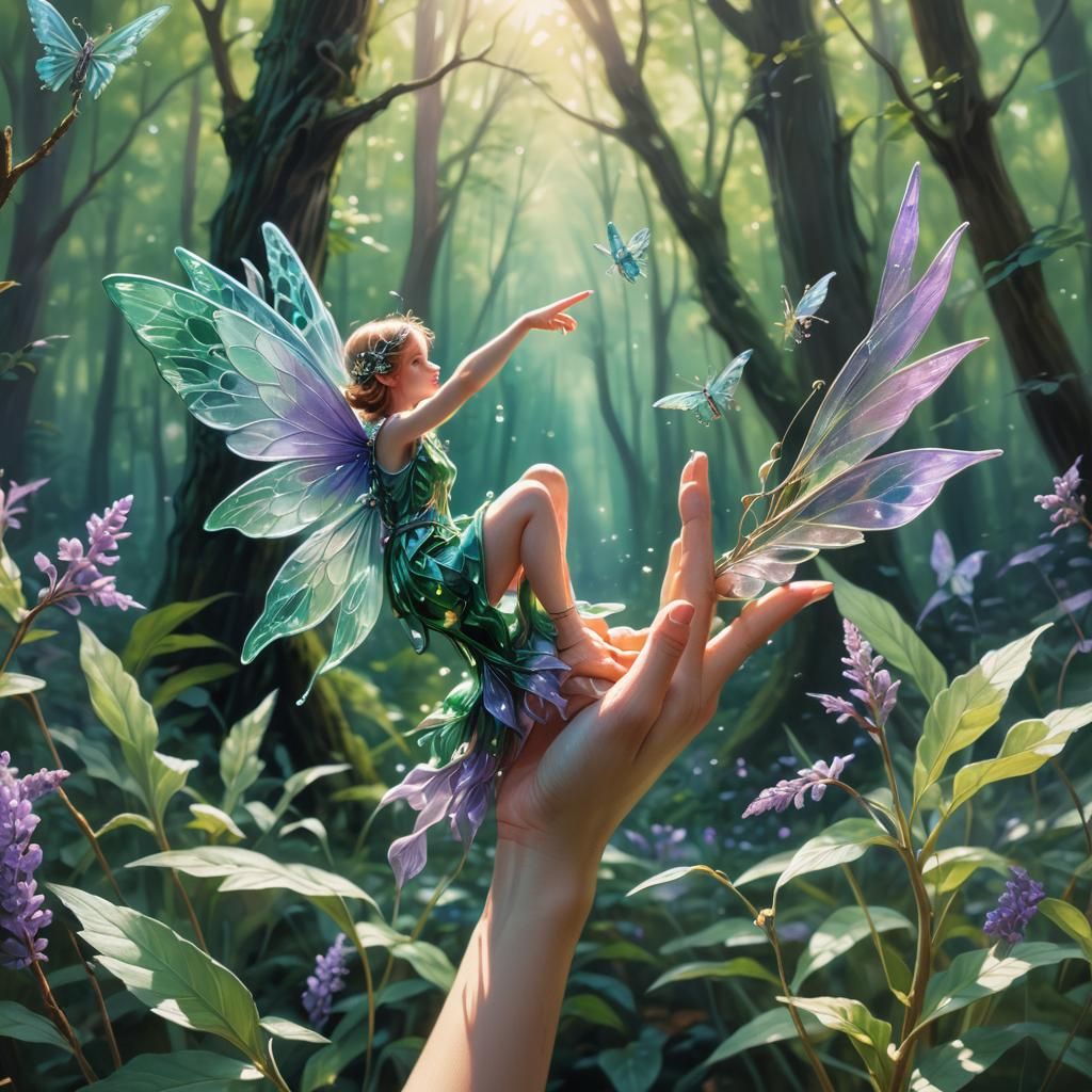 Fairy on Finger: Surreal Fantasy Art in Oil Painting Style