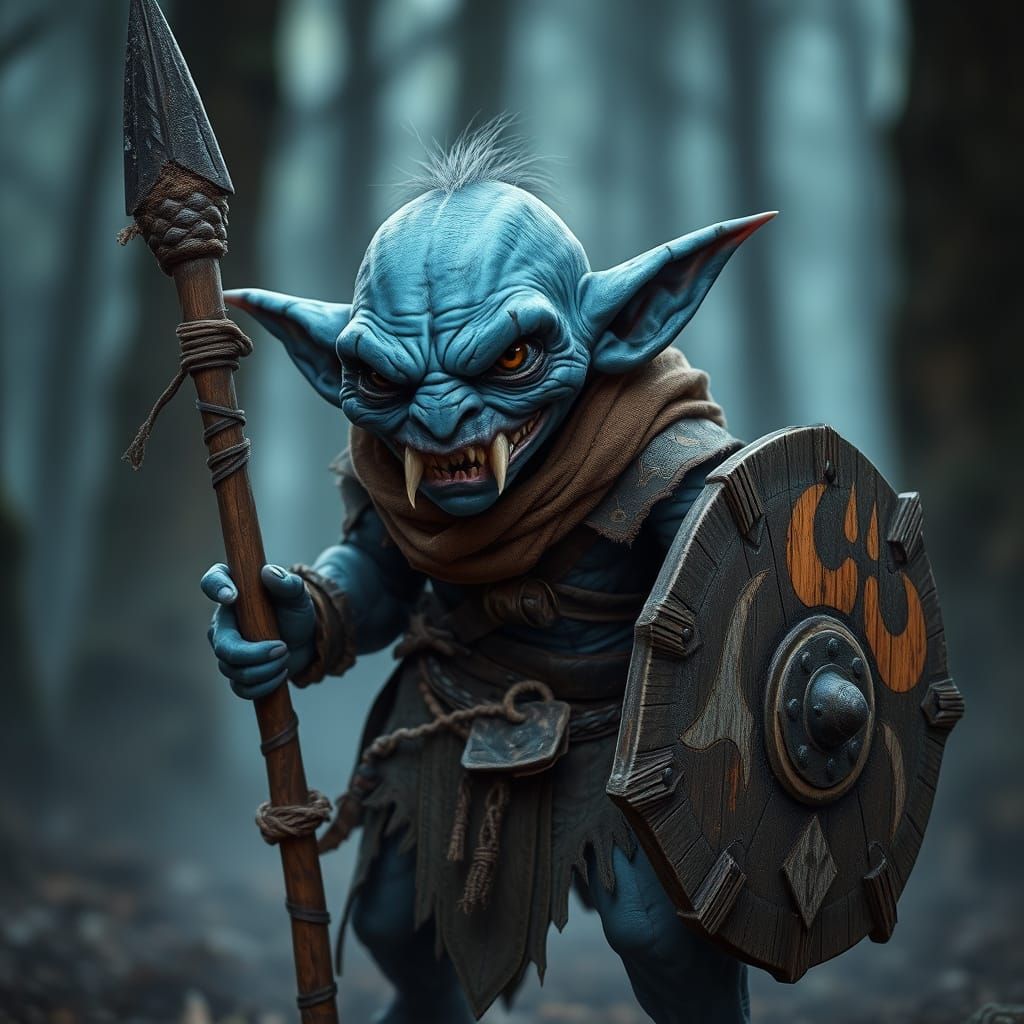 Menacing Blue Goblin in Tattered Leather Armor