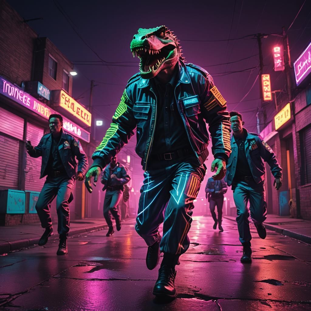 Synthwave Alligator Chase in Retro Cityscape