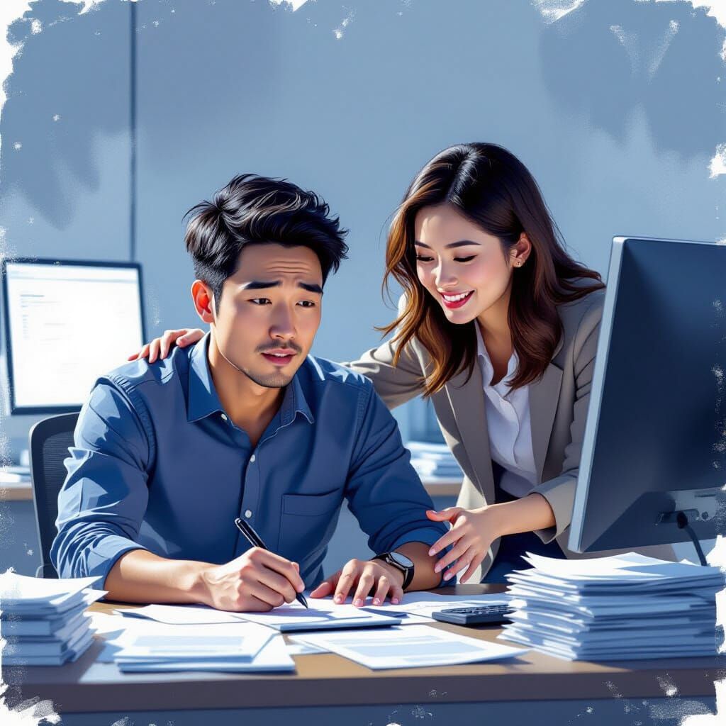 Stressed Asian Man Gets Support at Office in Digital Paintin...