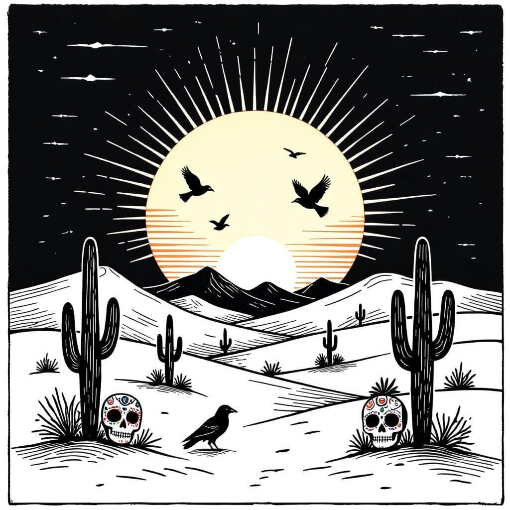 Minimalist Desert Sunrise with Ravens and Day of the Dead Ma...