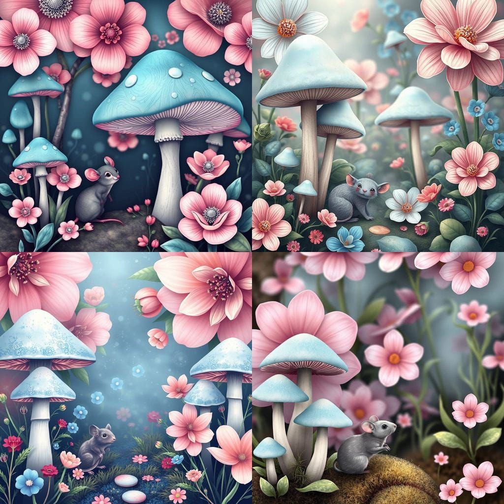Whimsical Fairytale Forest with Vibrant Mushrooms and Flower...