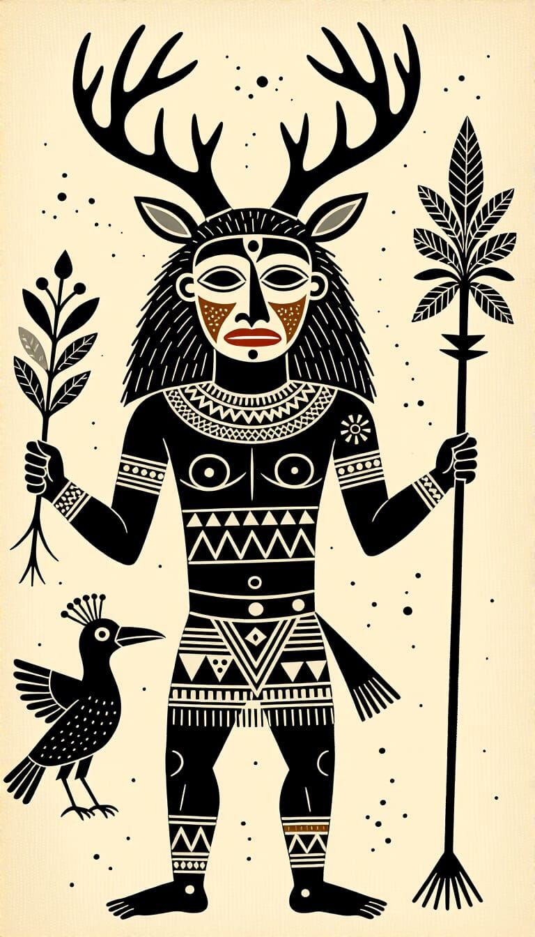 Stylized Cave Painting of Antlered Figure with Bird