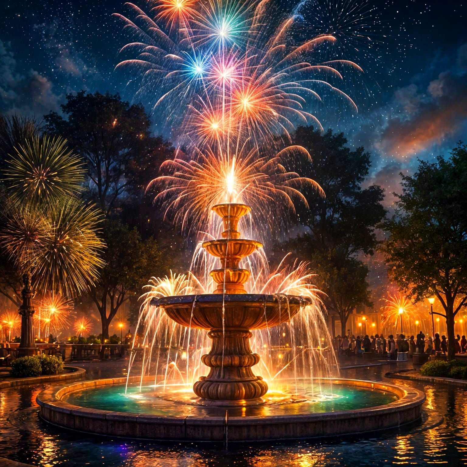 Magical Fireworks Fountain Reflecting Rainbow Colors