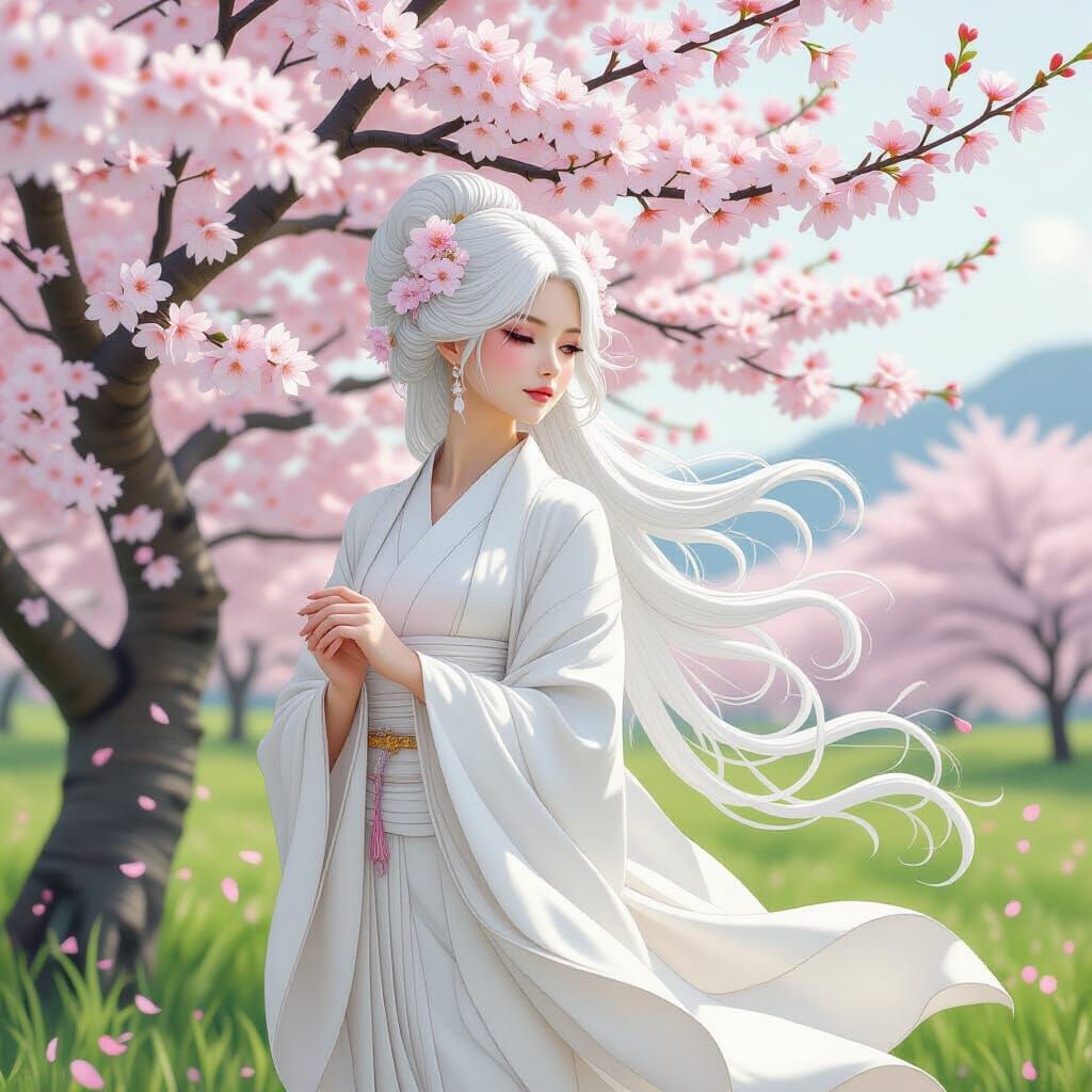 Woman With Sakura Tree Hairstyle in Field of Blossoms