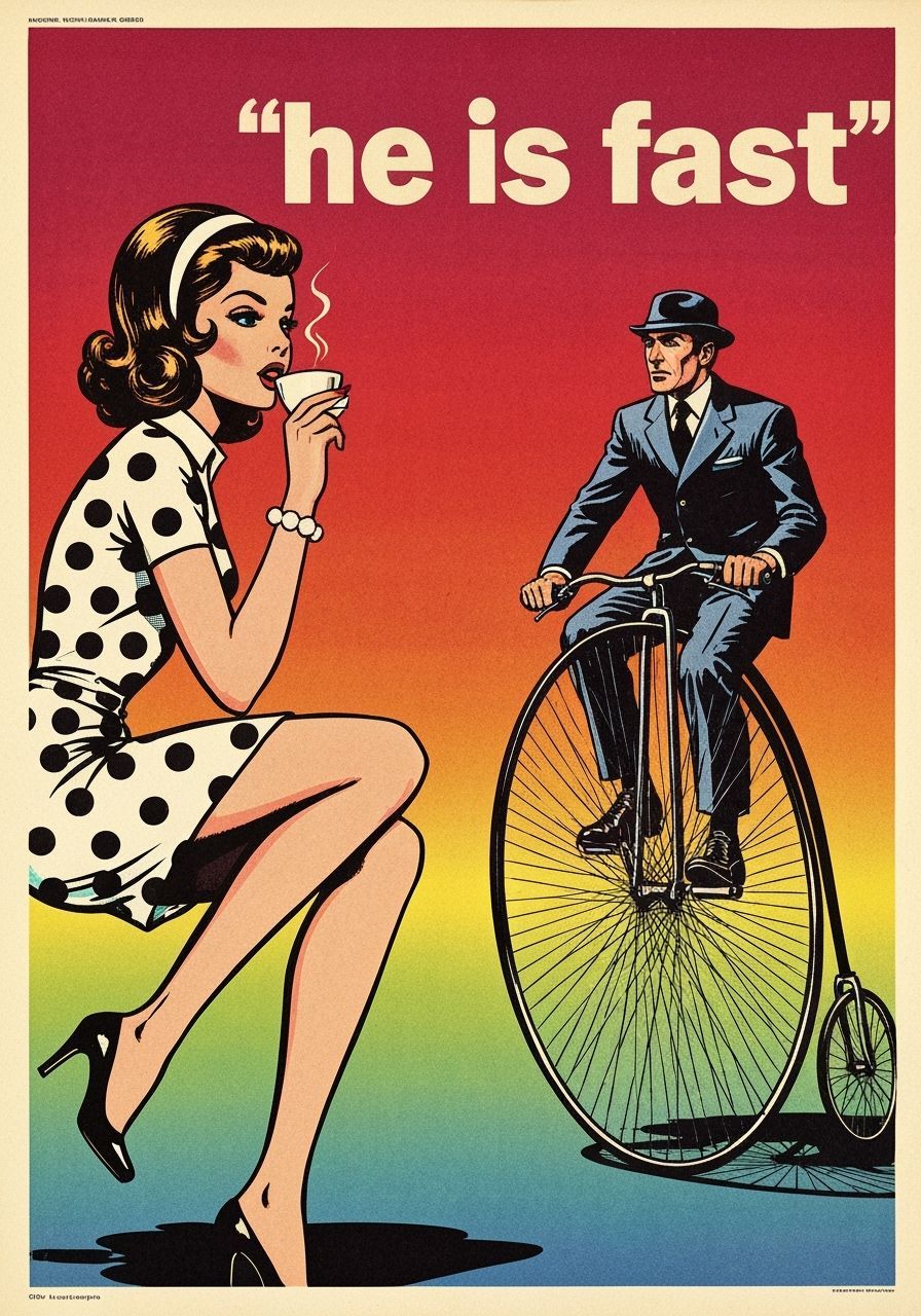 Retro Pop Art Poster: Woman Sips Coffee, Man Rides Penny-Far...