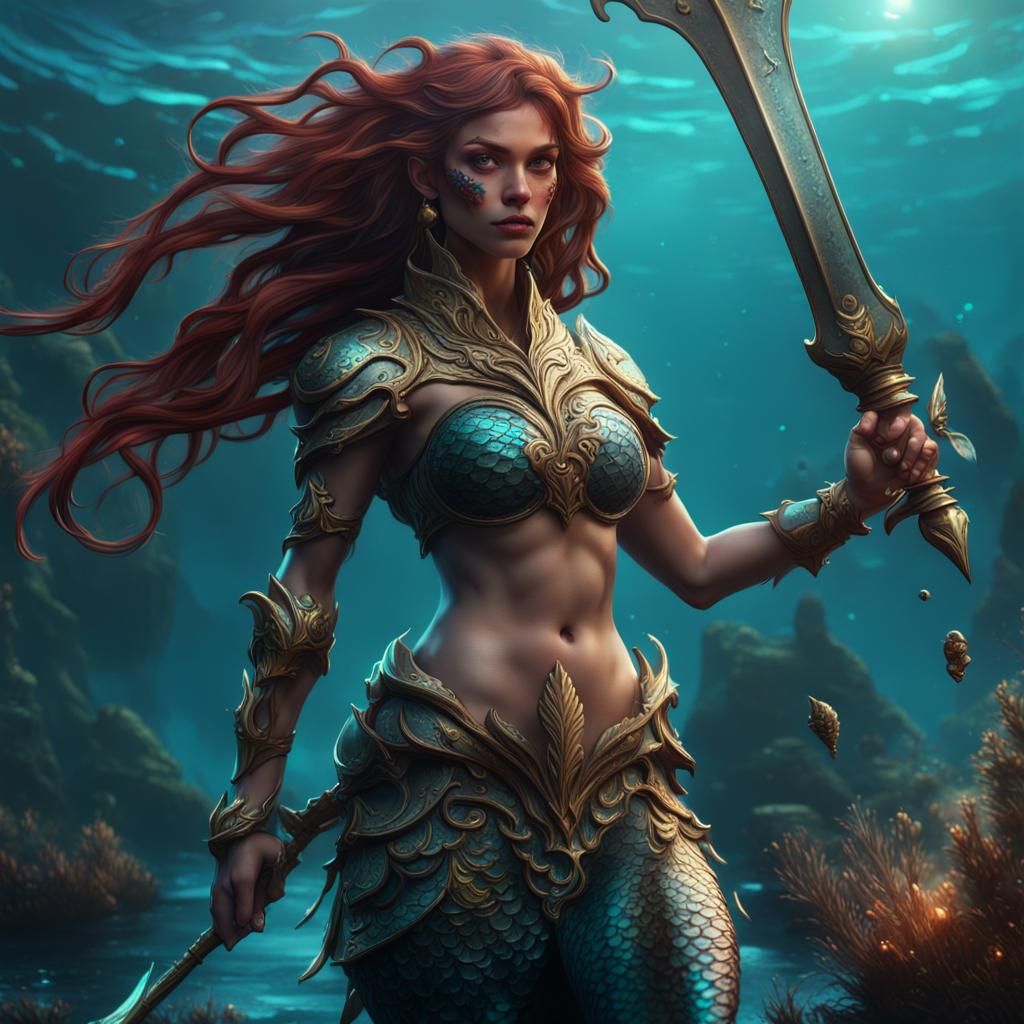 Mermaid Warrior: Detailed Matte Painting in Deep Color