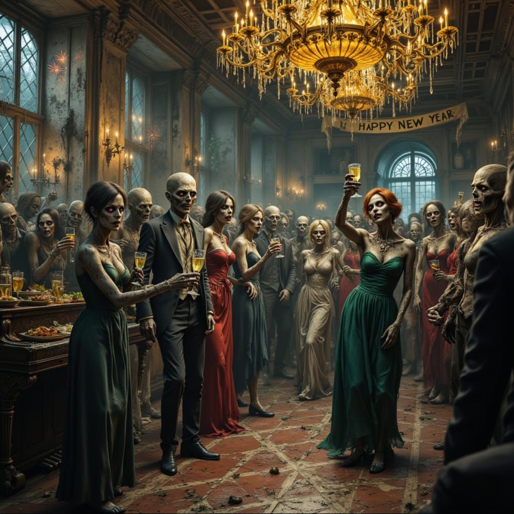 A lavishly haunting New Year’s Eve ball held inside a decayi...