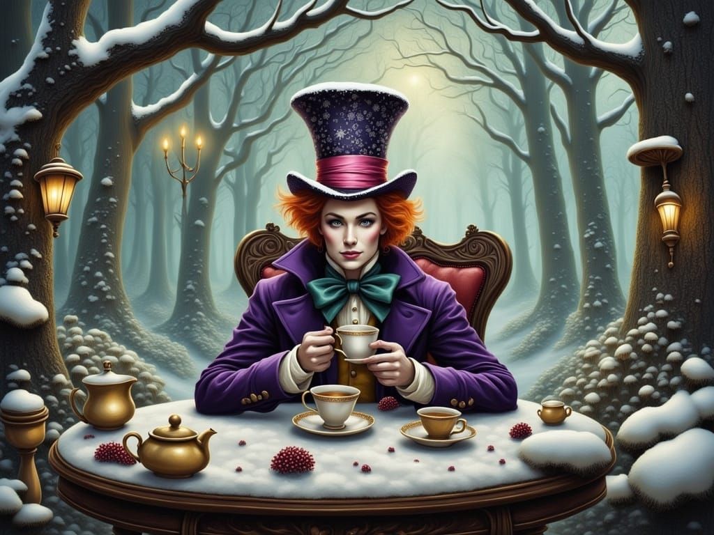 Ethereal Winter Wonderland: The Mad Hatter Sips Tea Amidst S...