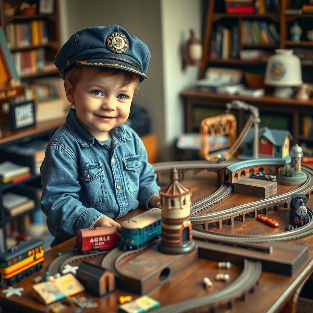 Child Plays with Father's Model Train Set in Cozy Nostalgic ...