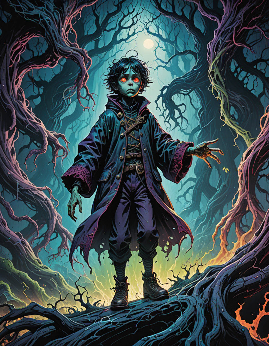 Child Fleeing from Ancient, Lovecraftian Horror in Dark Anim...