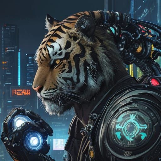 Cyberpunk Tiger in Neon Cityscape