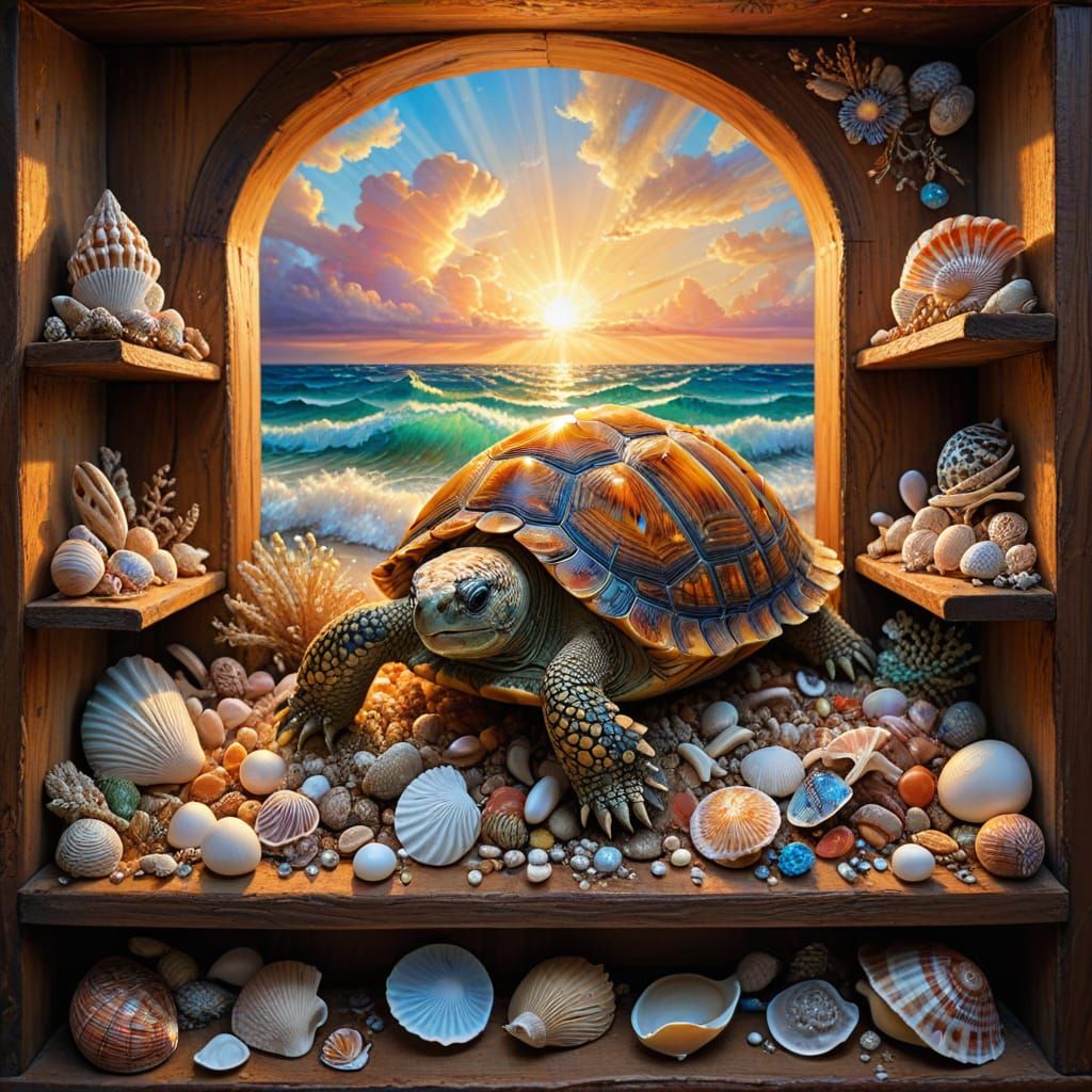 Tortoise Amidst Majestic Shell Shelves in Whimsical Sunset H...