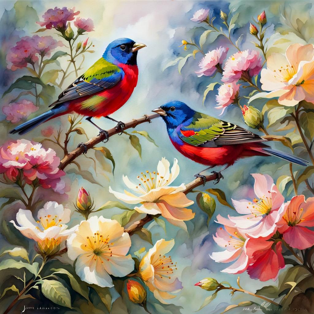 Painted Bunting with Pastel Flowers in Watercolor Style