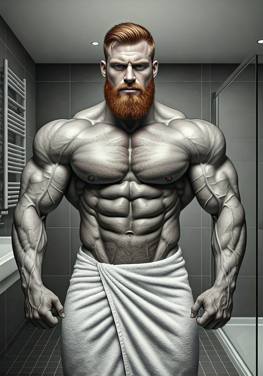Chiseled Ginger Bodybuilder in a Modern Bathroom