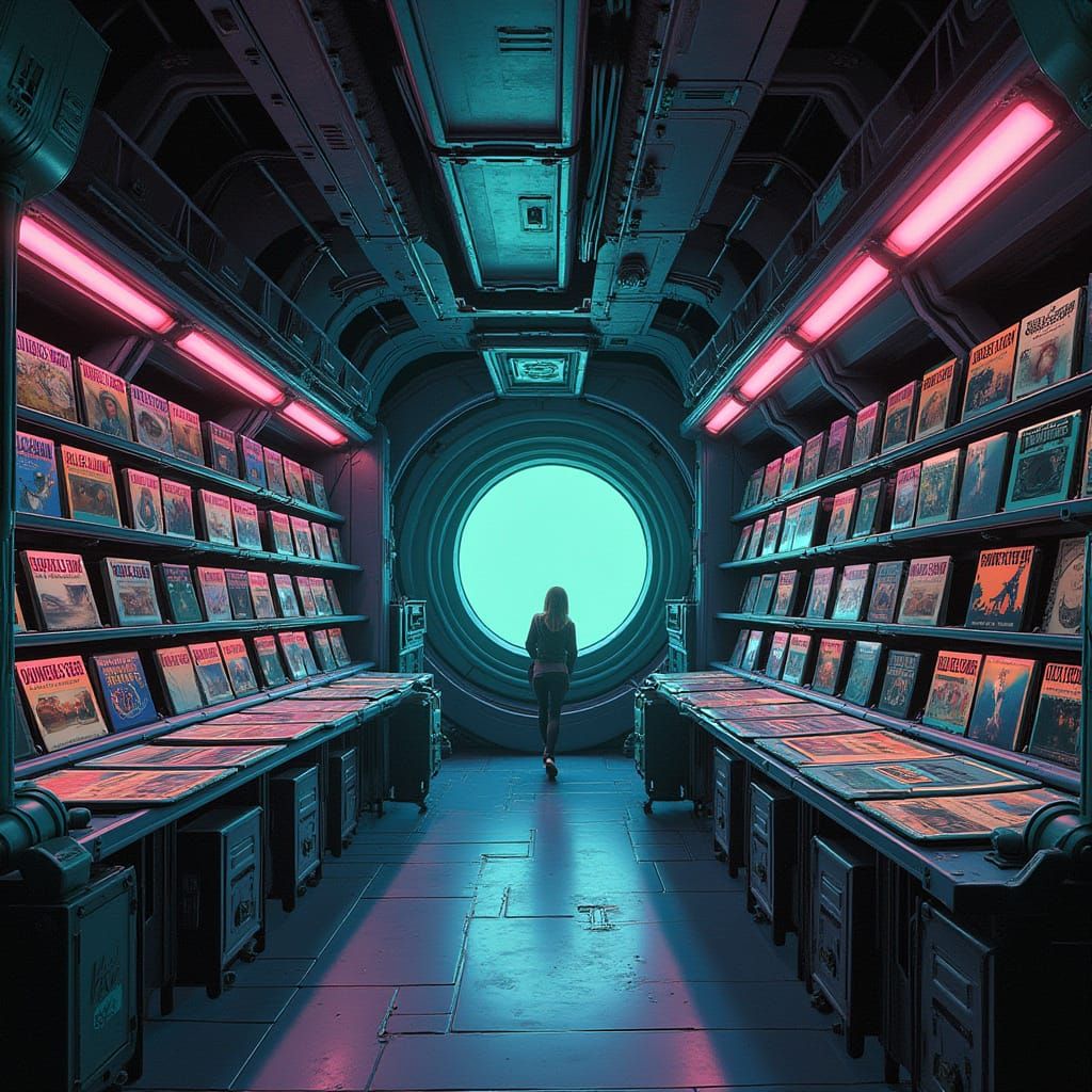 Futuristic Space Station Vinyl Record Collection in Retro-Fu...