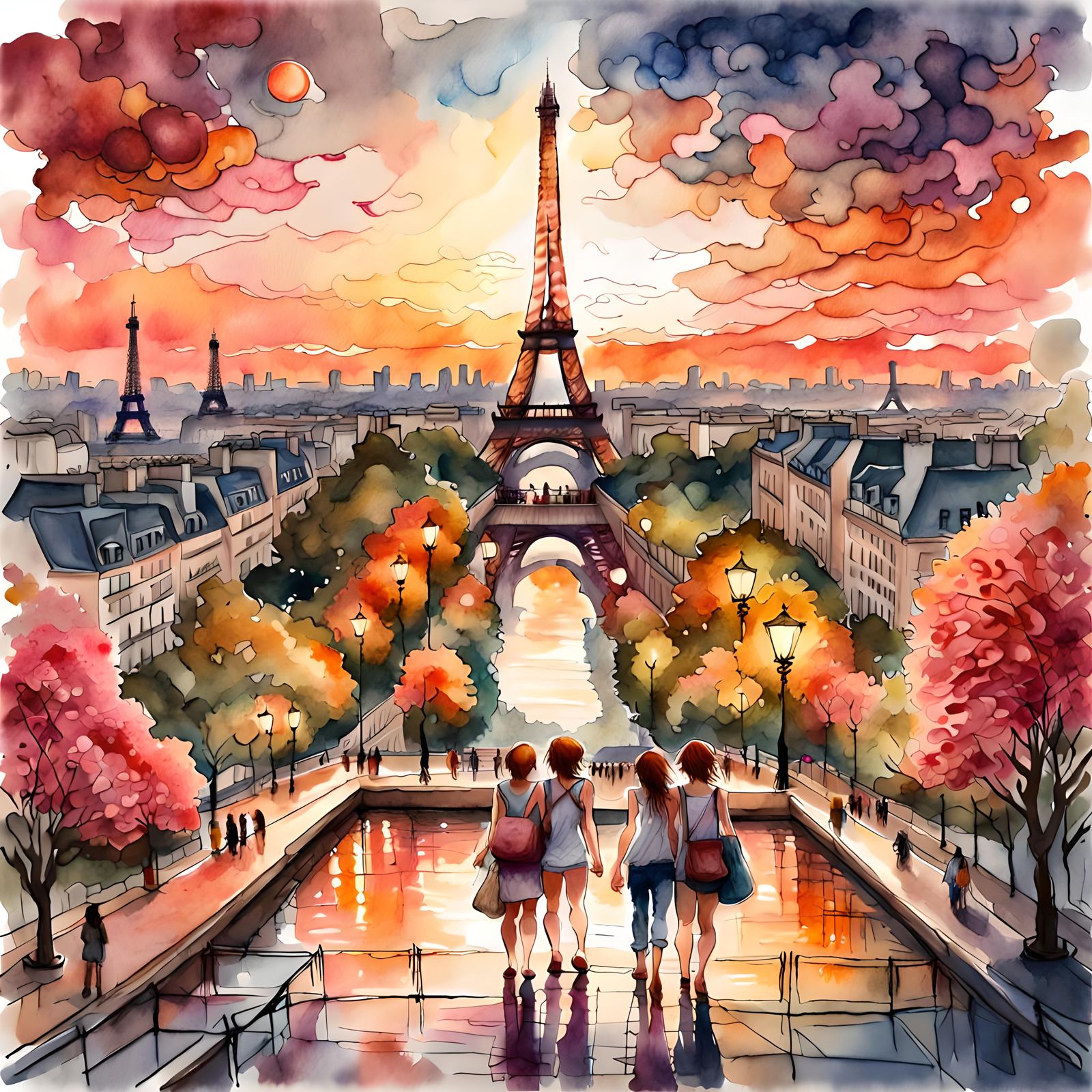 Water color. Paris eiffel tower and tourists