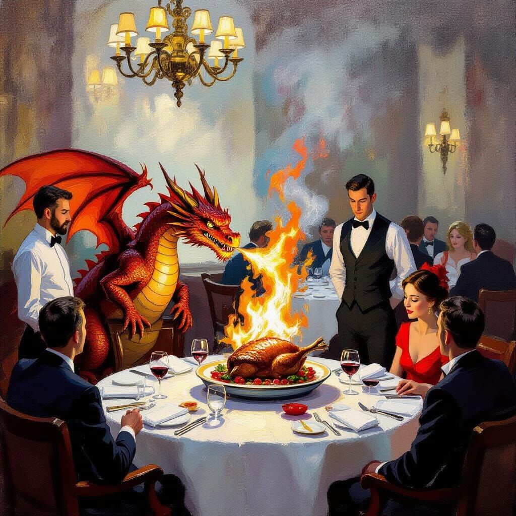 Dragon Flambes Roast in Impressionist Restaurant Scene