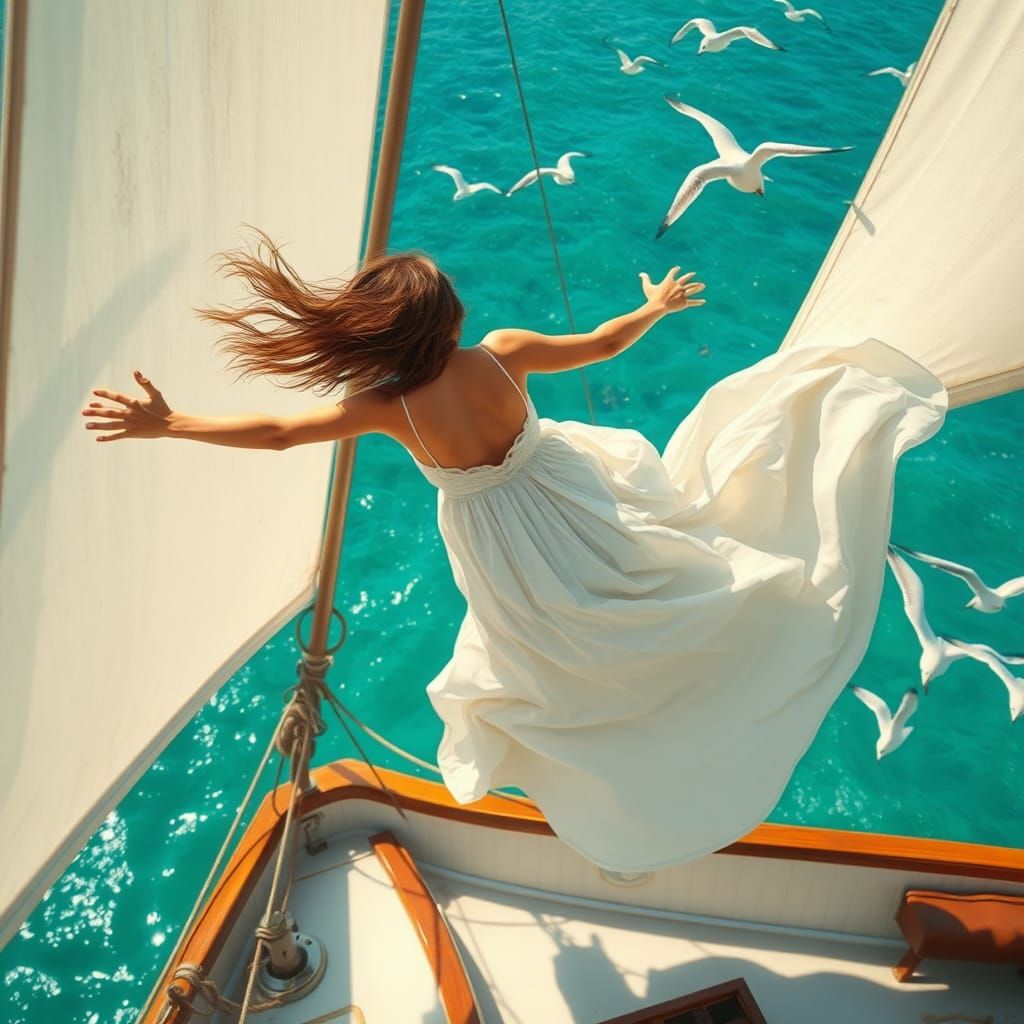 Woman's Plunge from Sailboat in Dreamy Digital Art