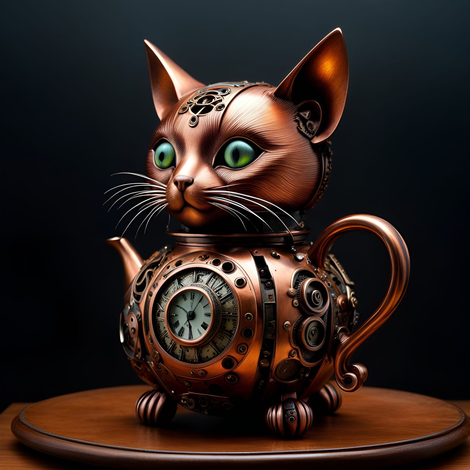 Steampunk Copper Kitten Teapot, Surreal Art