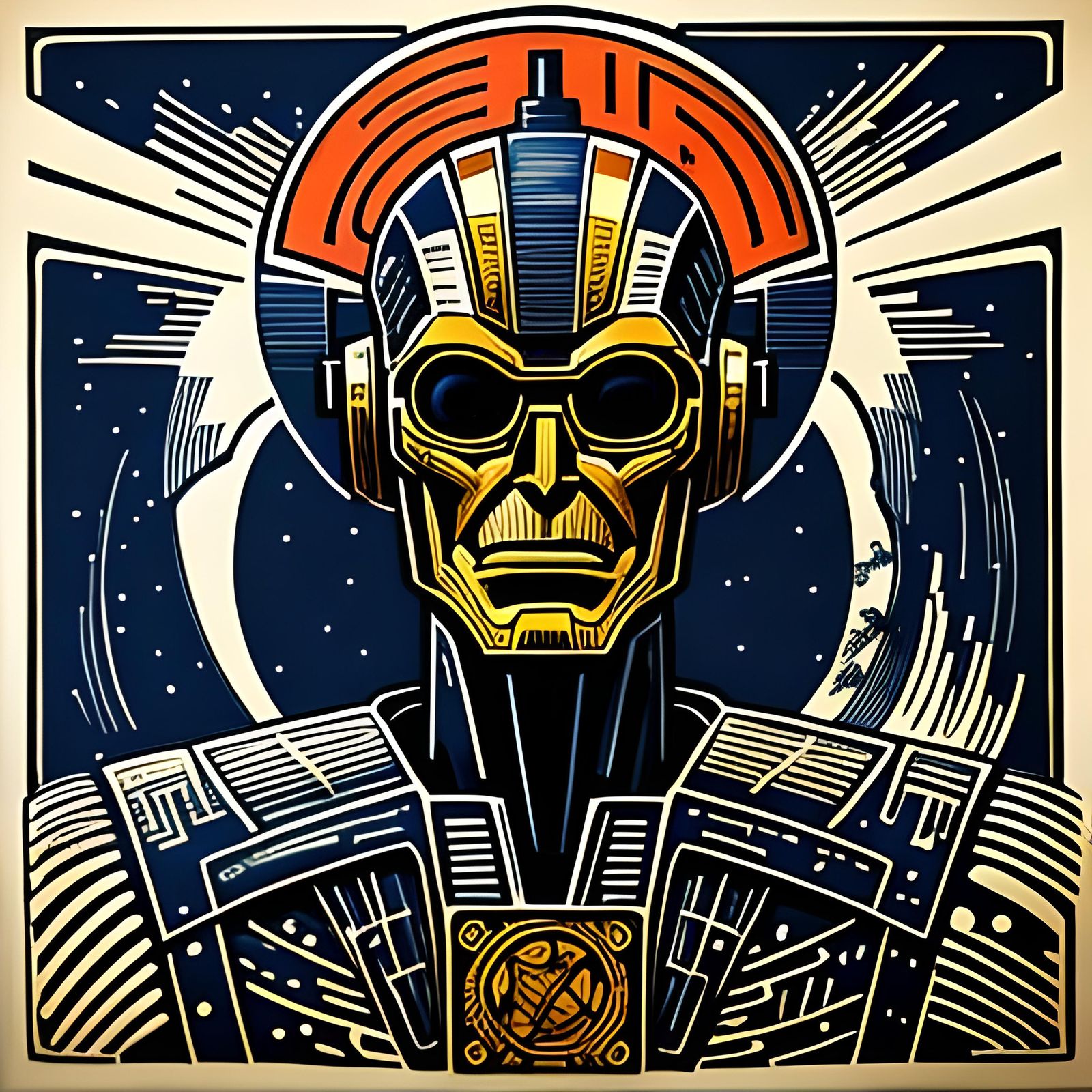 Futuristic Art Nouveau Robot in Hyperrealist Linocut