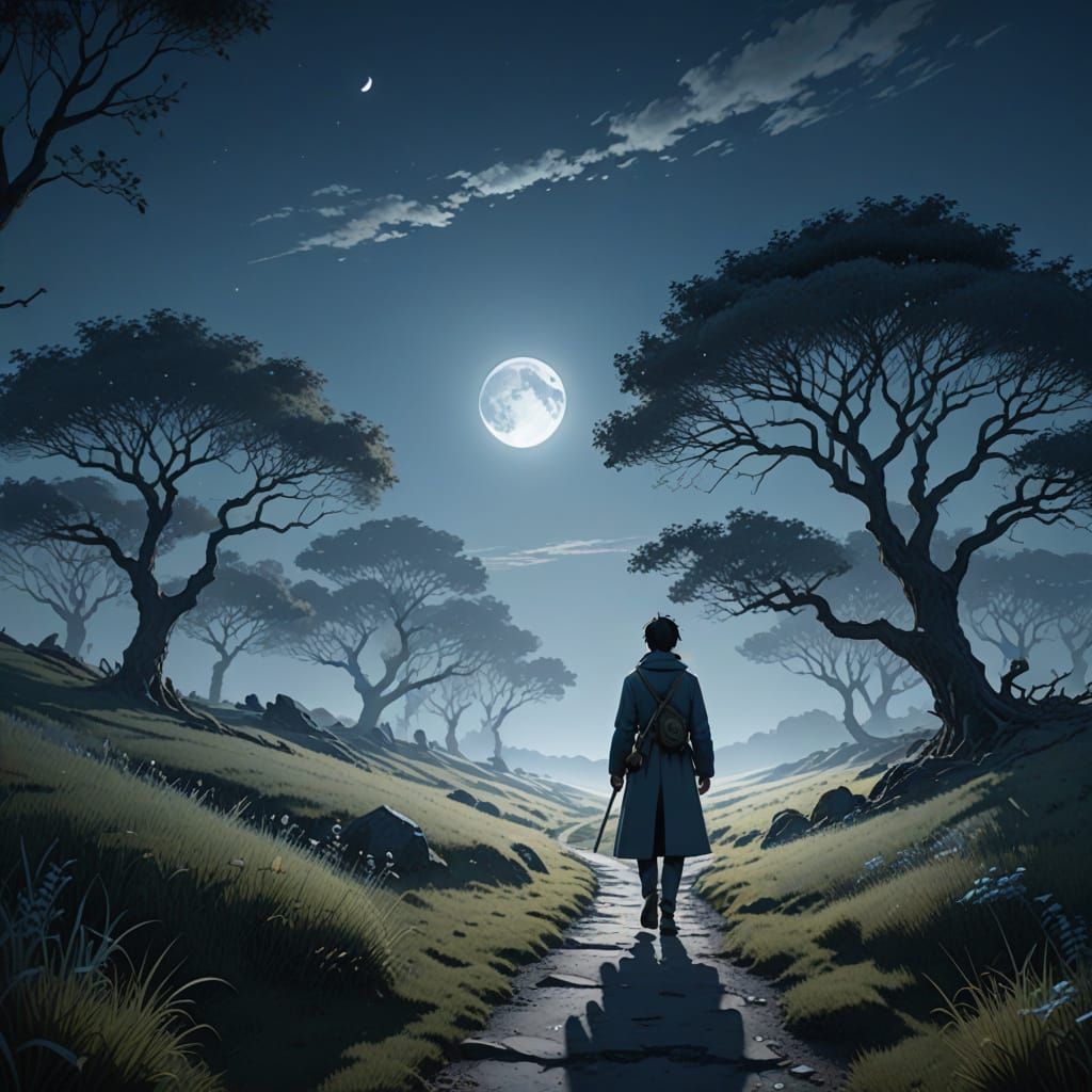 Surreal Figure on Moonlit Path, Poetic Surrealism
