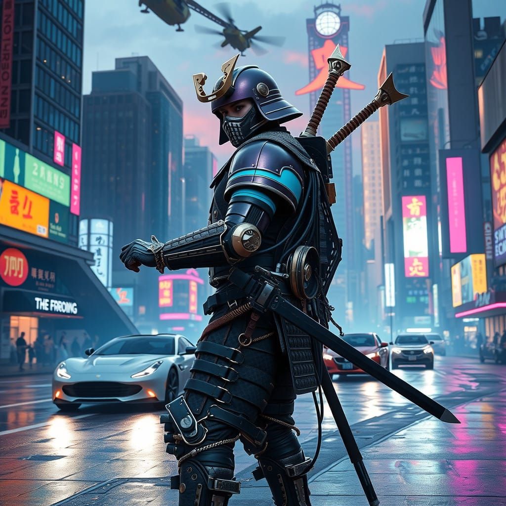 Cyberpunk Samurai Warrior in Futuristic Armor
