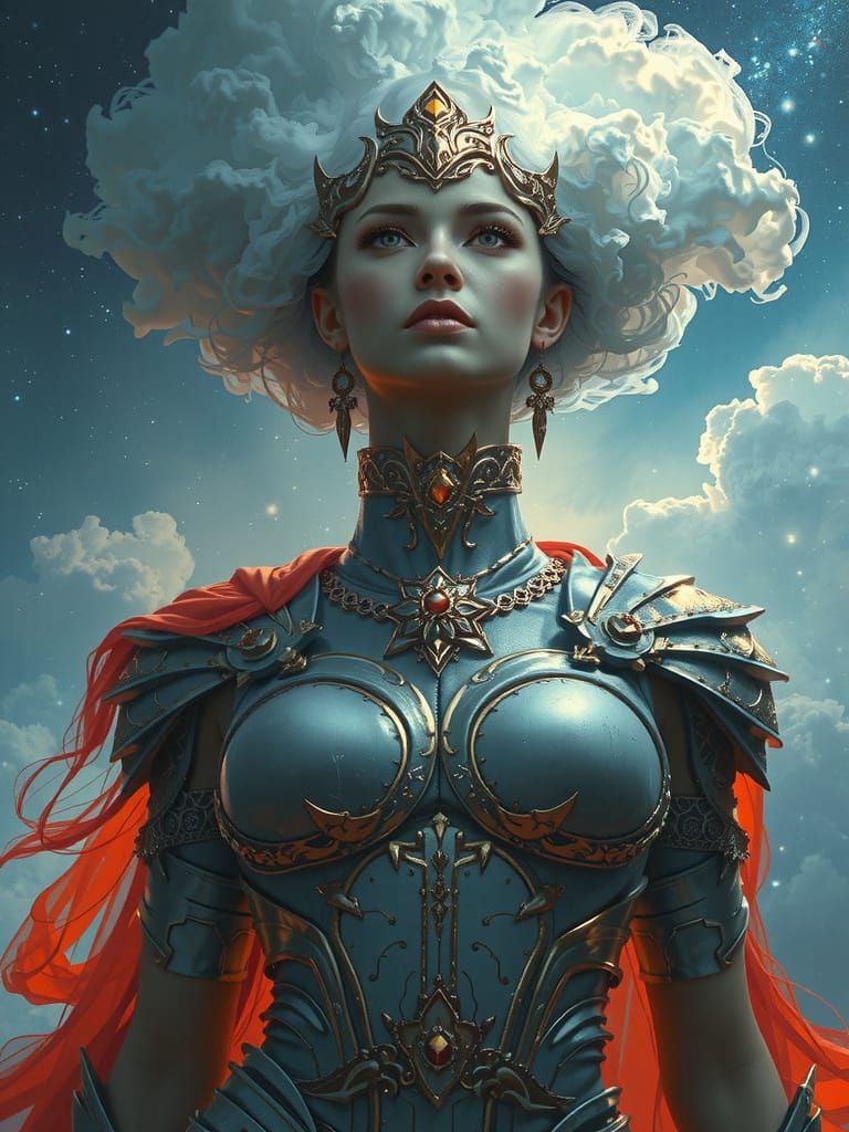 Cosmic Goddess in Stormy Space, Detailed Fantasy Armor and V...