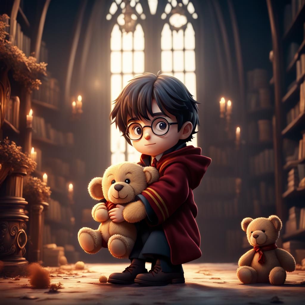 Anime Harry Potter Hugging a Teddy Bear