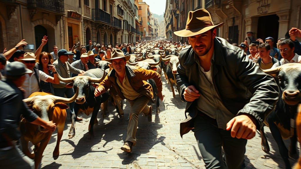 Indiana Jones Pamplona Bull Run, Cinematic Film Still