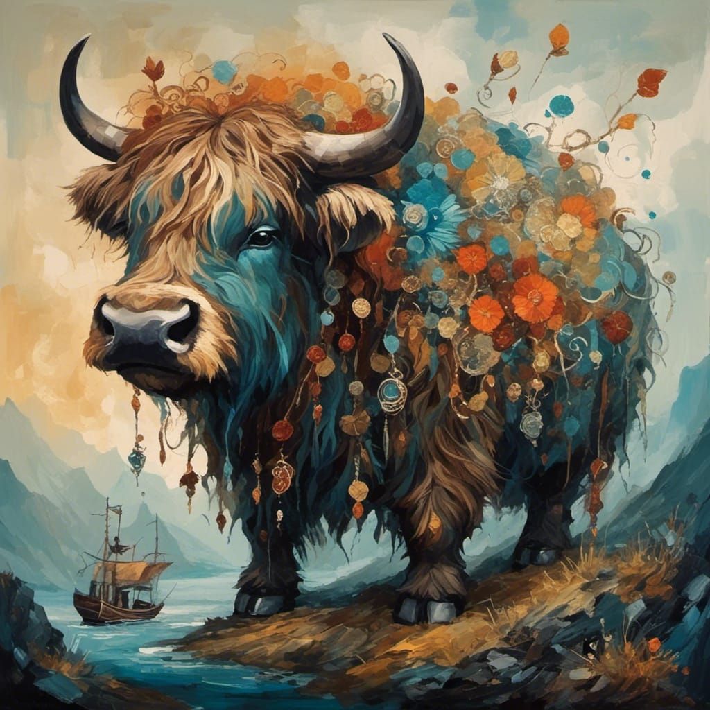 Ethereal Highland Cow in Fantasy Oil Painting