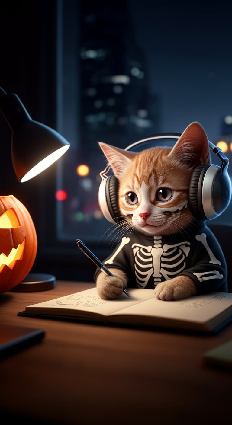 Halloween Kitten Lo-Fi Scene in 3D Realism
