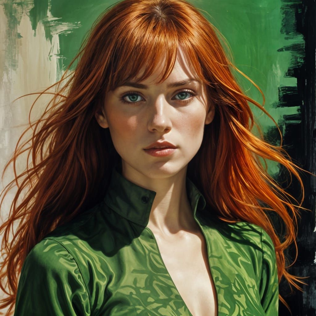 Woman with Fiery Hair in Graphic Novel Style
