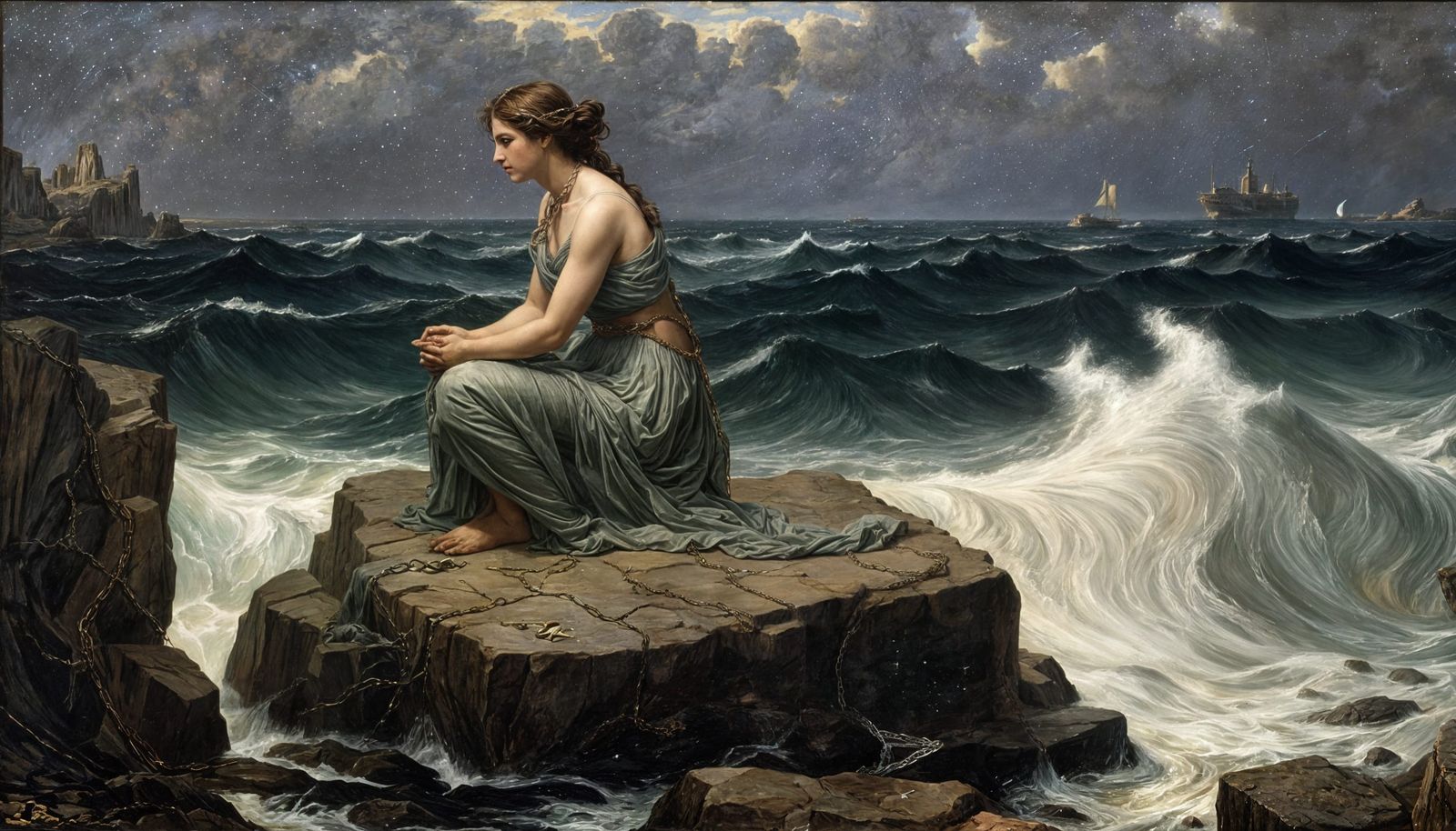 Dramatic Pre-Raphaelite Oil Painting of Andromeda Chained to...