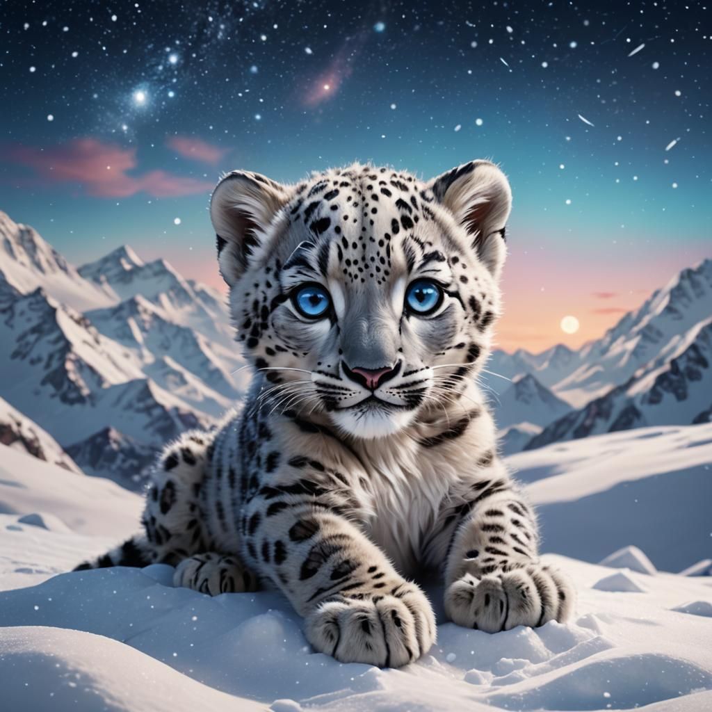 Kawaii Snow Leopard Cub in Dreamy Landscape