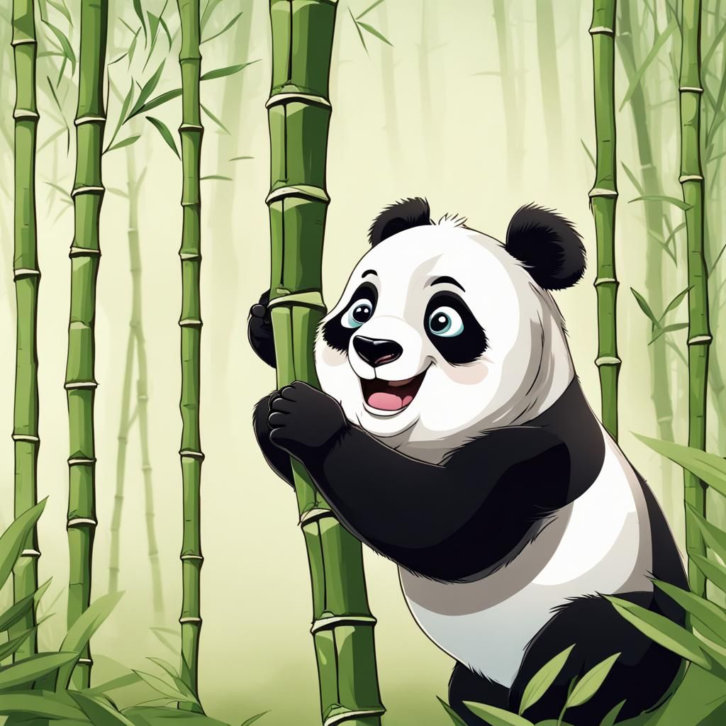 Cute Baby Panda Climbing Bamboo, Disney Cartoon Style