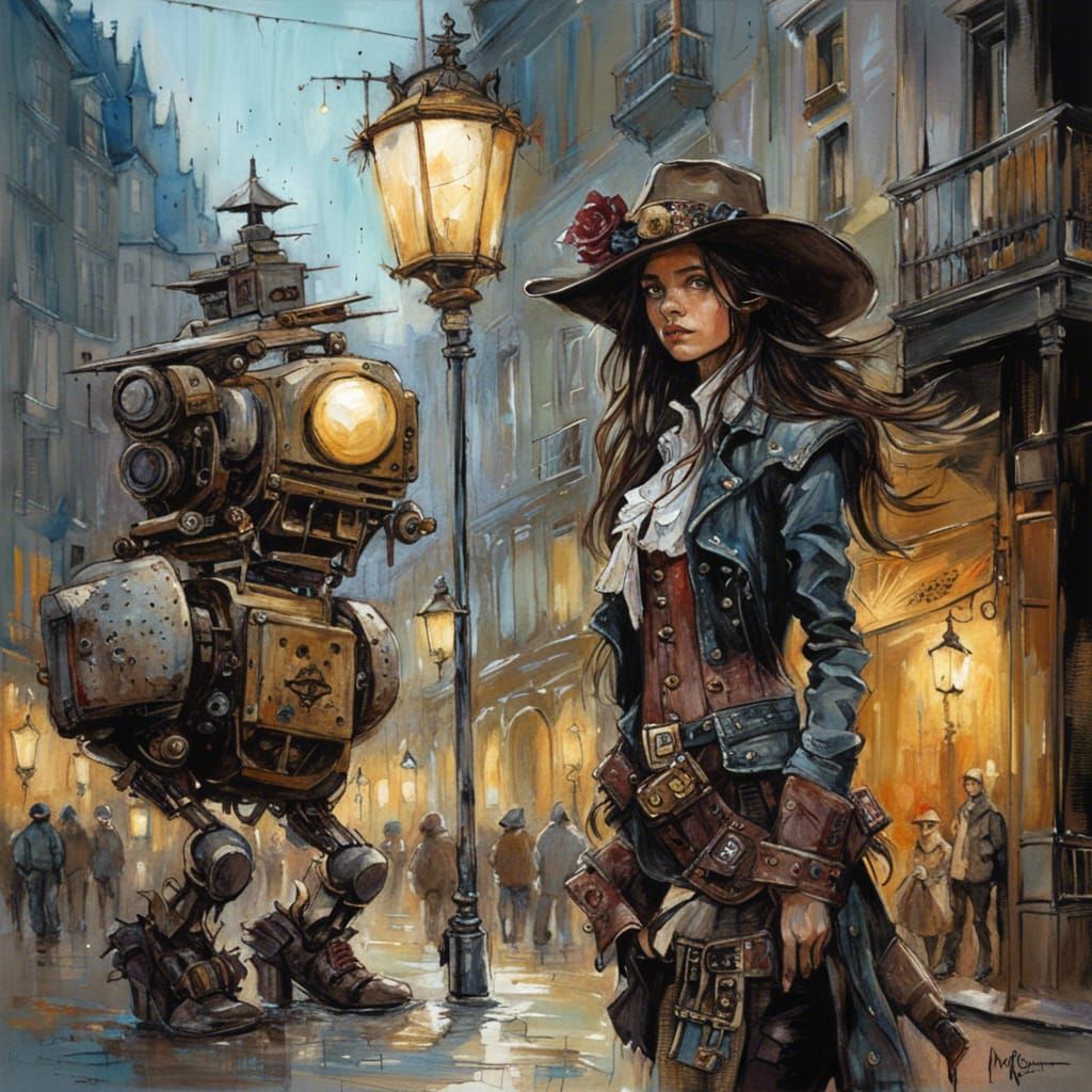 Cowgirl and Robot in Dark Fantasy Style