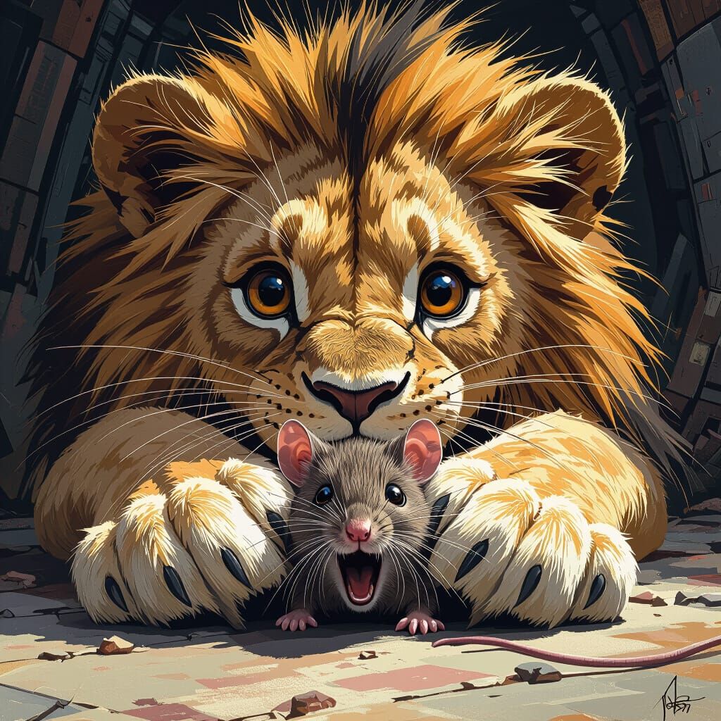Mouse in Lion's Paw with Hopeful Expression