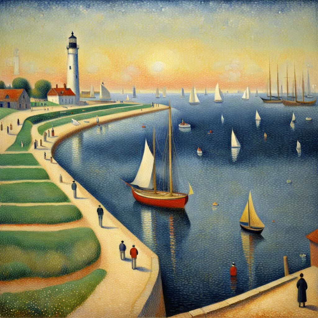 Seurat-Style Harbor Illustration with Lighthouse