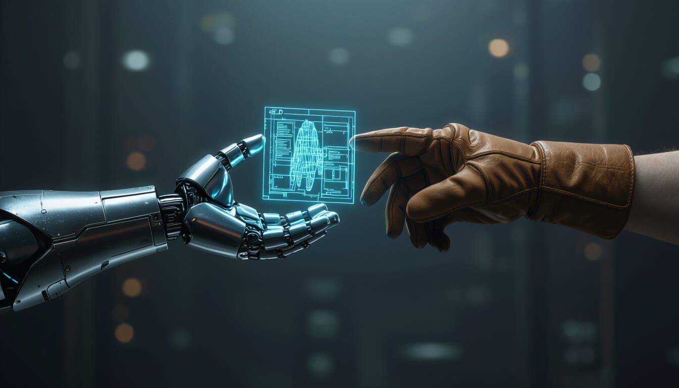 AI Robot Hand Passes Blueprint in Cinematic Style
