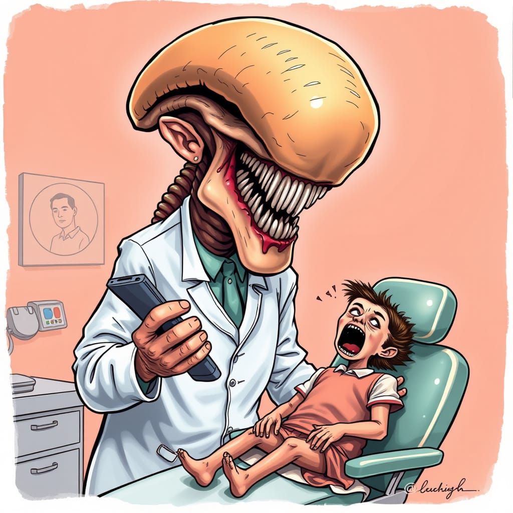 Xenomorph Dentist Caricature With Melting Features