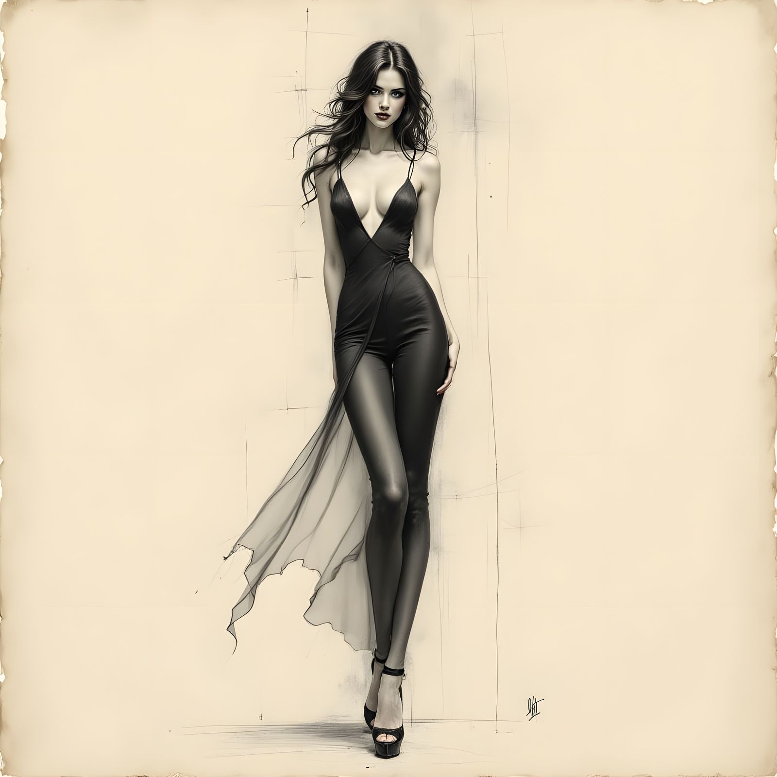 Evocative Charcoal Sketch of a Slender Woman