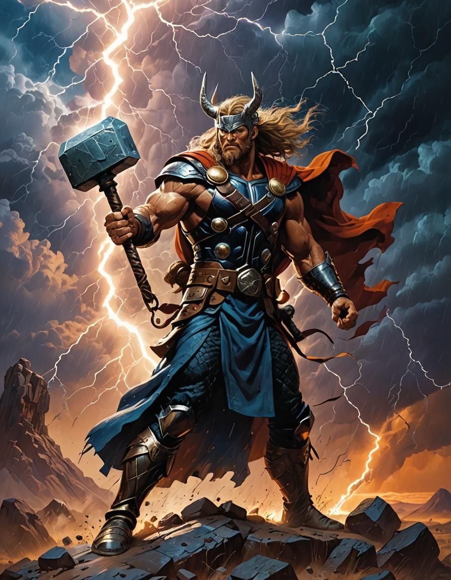 Thor in Fierce Thunder God Regalia, Wielding Mjolnir Amidst...