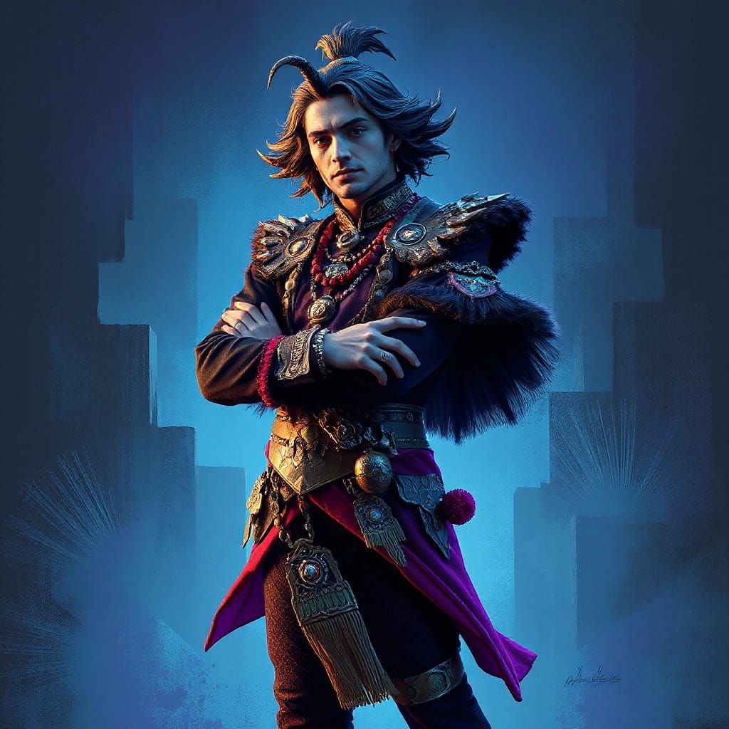 Fantastical Man in Ornate Attire: Retro-Futuristic Digital A...