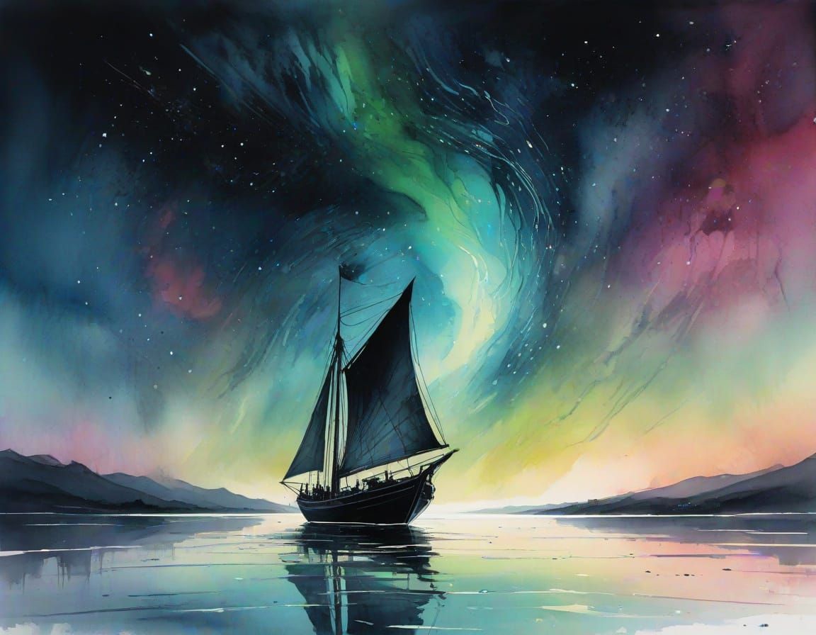 Solitary Sailboat Drifts Under Aurora Borealis in Ink Wash S...